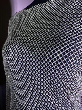 Rave on! Silver Rhinestone Crystal Sheer Fishnet Long Sleeve Blouse